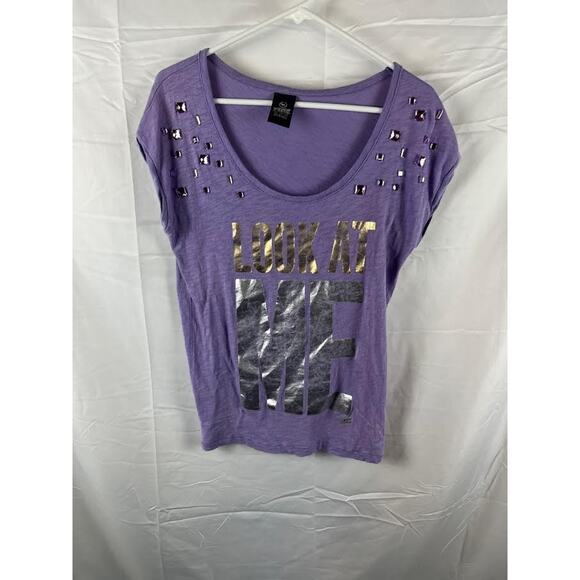 Victoria's Secret PINK purple Short Sleeve T-Shirt XS "Look at me" rhinestones - Picture 1 of 7